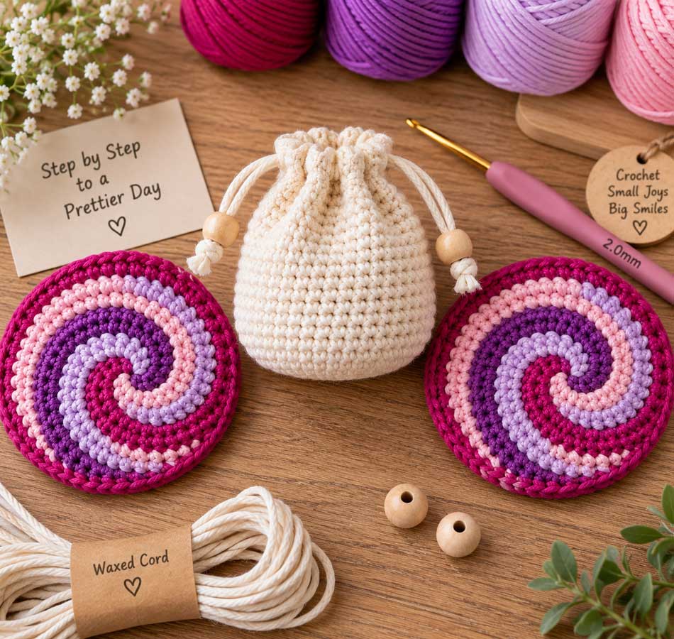 Cream crochet drawstring pouch with colorful spiral crochet faceplates