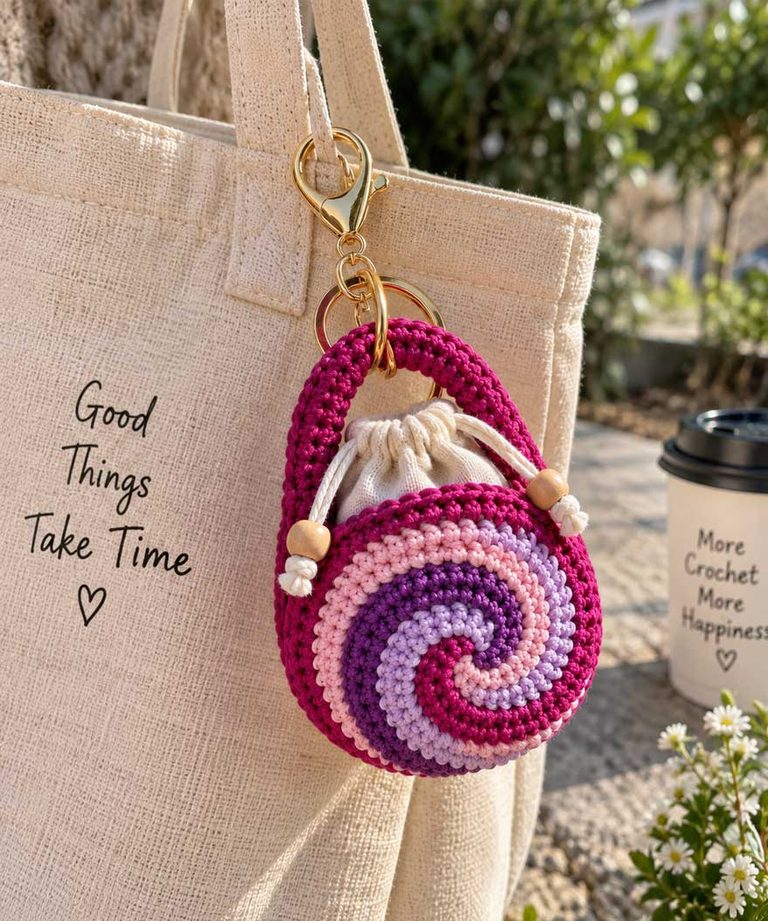 Mini swirl crochet bag keychain clipped to a beige canvas tote bag