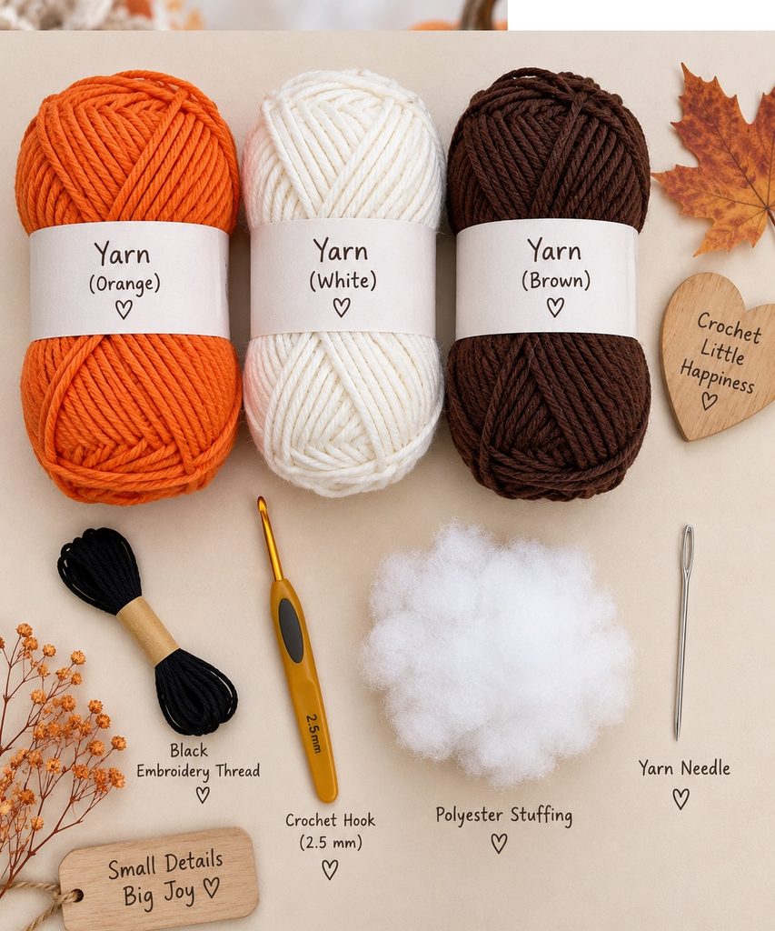 Crochet materials needed for the fox pattern including yarn and hook