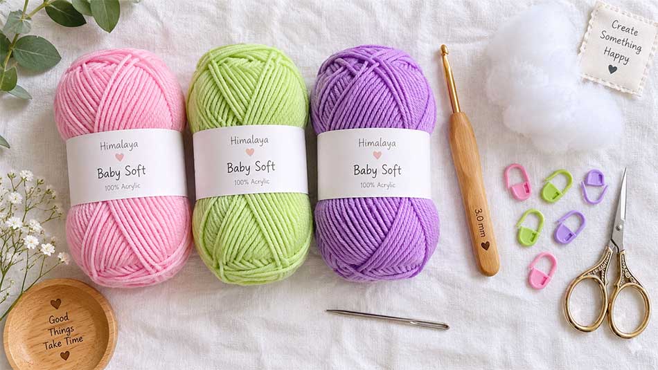 Flat-lay setup of crochet tools including pink and green yarn skeins, a 3.0mm crochet hook, and plastic stitch markers.