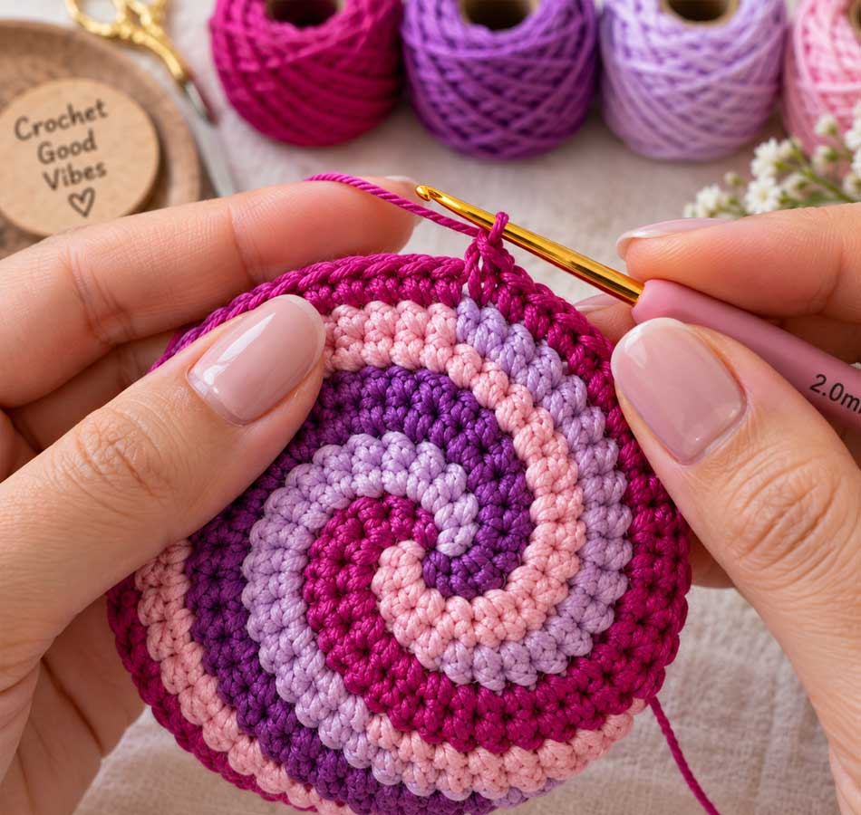 Crochet mini swirl bag keychain in magenta, violet, lilac, and pink