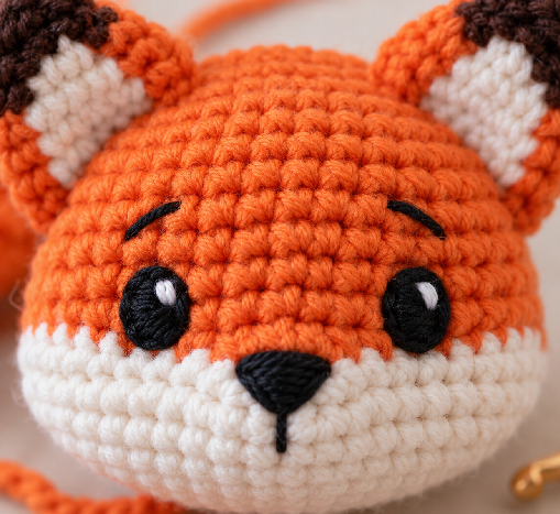 Close-up of embroidered eyes and nose on the crochet fox