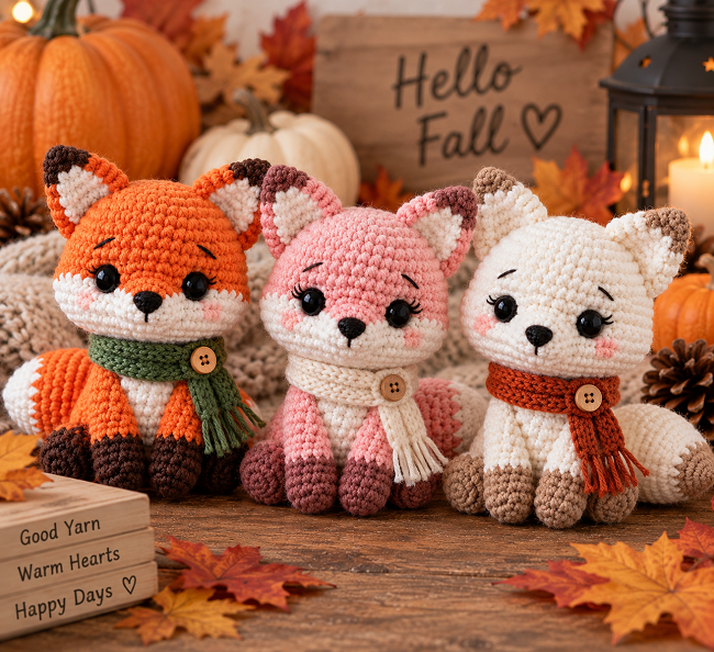 Three finished crochet fox amigurumi in different color variations