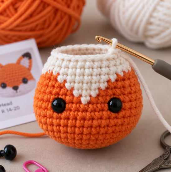 Crochet fox head showing the orange and white color change section