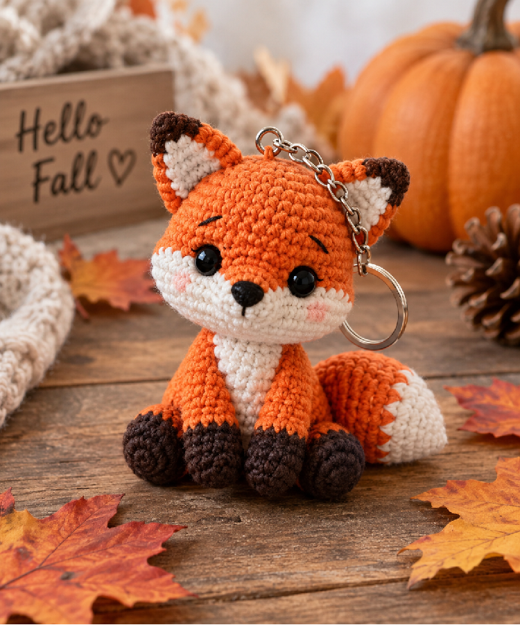 Finished crochet fox amigurumi keychain with orange and white yarn
